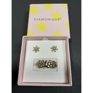 Diamonique Sterling Silver CZ Brass Tone 925  Flower  Ring & Earrings Set 6